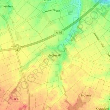Mapa topográfico Uetterath, altitud, relieve
