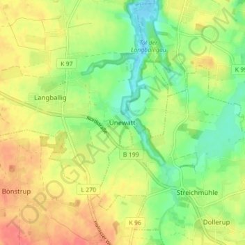 Mapa topográfico Unewatt, altitud, relieve