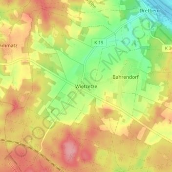 Mapa topográfico Wietzetze, altitud, relieve