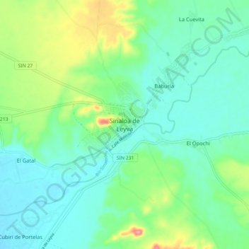 Mapa topográfico Sinaloa de Leyva, altitud, relieve