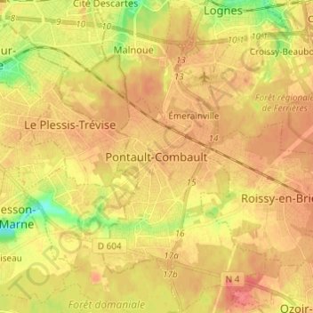 Mapa topográfico Pontault-Combault, altitud, relieve