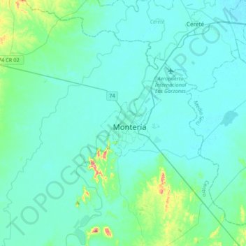 Mapa topográfico Montería, altitud, relieve