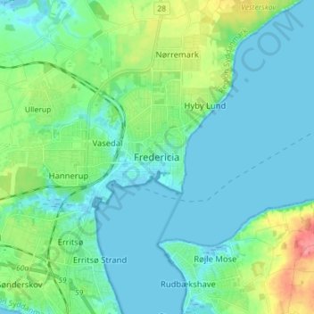 Mapa topográfico Fredericia, altitud, relieve