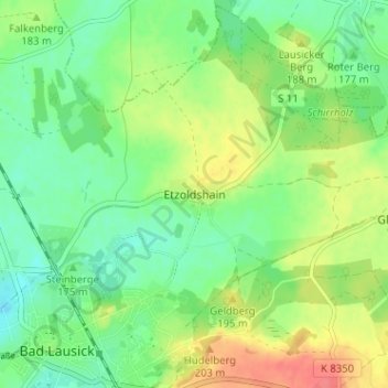 Mapa topográfico Etzoldshain, altitud, relieve