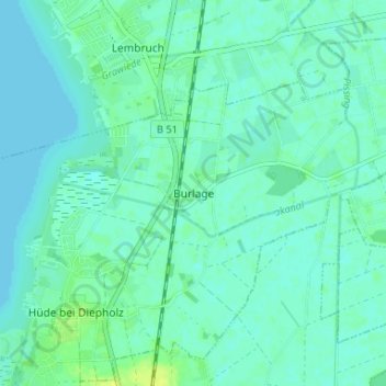 Mapa topográfico Burlage, altitud, relieve