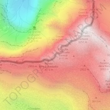Mapa topográfico Picos de la Cascada Occidental, altitud, relieve