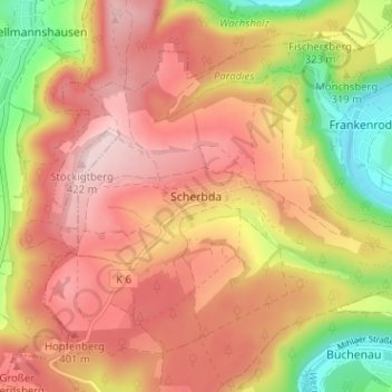 Mapa topográfico Scherbda, altitud, relieve
