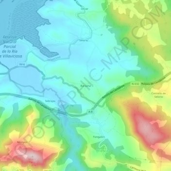 Mapa topográfico Barzana, altitud, relieve