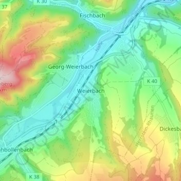 Mapa topográfico Weierbach, altitud, relieve
