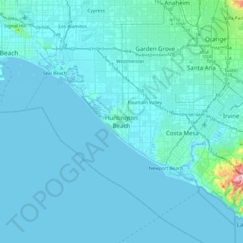 Mapa topográfico Huntington Beach, altitud, relieve