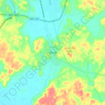 Mapa topográfico Chiná, altitud, relieve
