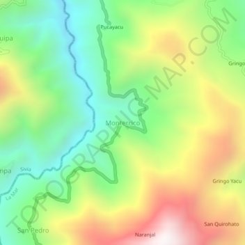 Mapa topográfico Monterrico, altitud, relieve