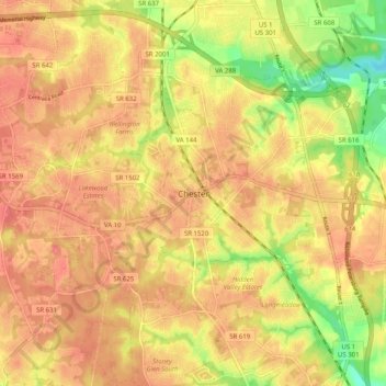 Mapa topográfico Chester, altitud, relieve