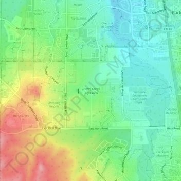 Mapa topográfico Cherry Creek Highlands, altitud, relieve