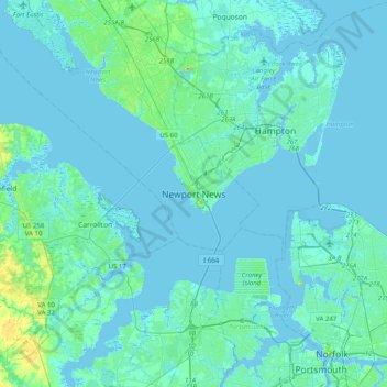 Mapa topográfico Newport News, altitud, relieve