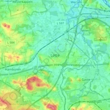 Mapa topográfico Lotte, altitud, relieve