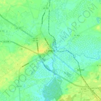 Mapa topográfico Conway, altitud, relieve
