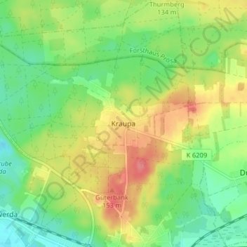 Mapa topográfico Kraupa, altitud, relieve