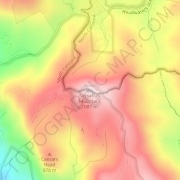Mapa topográfico Sassafras Mountain, altitud, relieve