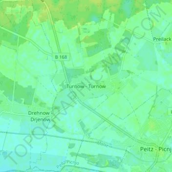 Mapa topográfico Turnow, altitud, relieve