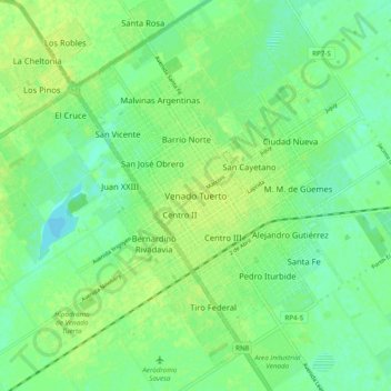 Mapa topográfico Venado Tuerto, altitud, relieve