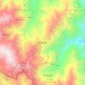 Mapa topográfico Buriticá, altitud, relieve