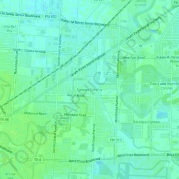 Mapa topográfico Stewart Colonia, altitud, relieve