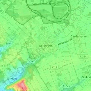 Mapa topográfico Gerderath, altitud, relieve