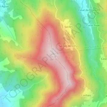 Mapa topográfico Sacões, altitud, relieve