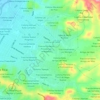 Mapa topográfico Residencial Magnolias, altitud, relieve