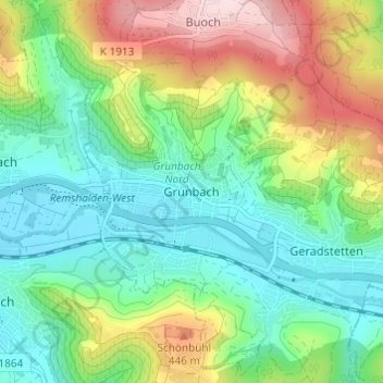 Mapa topográfico Grunbach, altitud, relieve