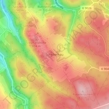 Mapa topográfico Schellerhau, altitud, relieve