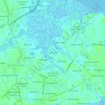 Mapa topográfico Clarks Point, altitud, relieve