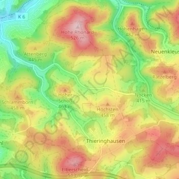 Mapa topográfico Rhonard, altitud, relieve