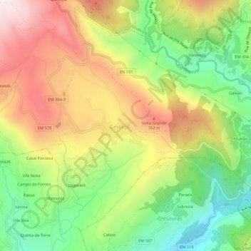 Mapa topográfico Candeiro, altitud, relieve