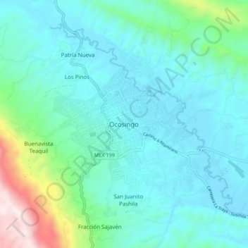 Mapa topográfico Ocosingo, altitud, relieve