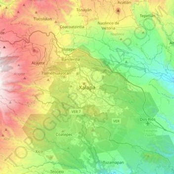 Mapa topográfico Xalapa-Enríquez, altitud, relieve