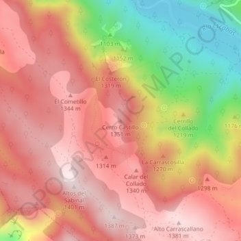 Mapa topográfico Cerro Castillo, altitud, relieve