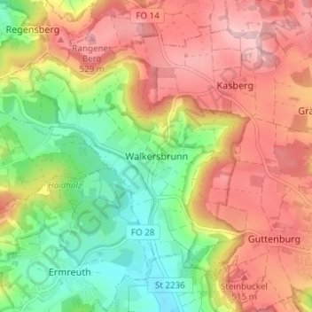 Mapa topográfico Walkersbrunn, altitud, relieve