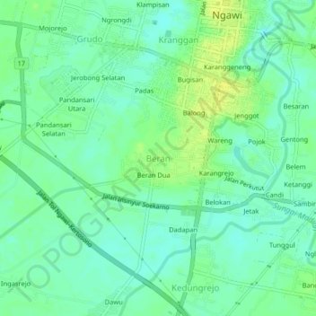 Mapa topográfico Beran, altitud, relieve
