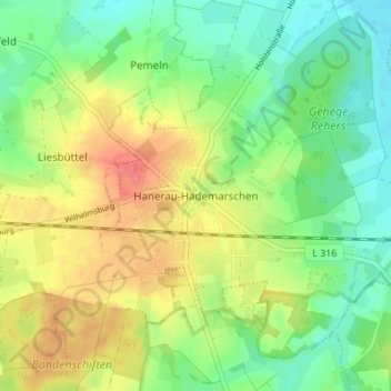 Mapa topográfico Hanerau-Hademarschen, altitud, relieve