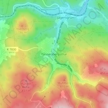 Mapa topográfico Tannenbergsthal, altitud, relieve