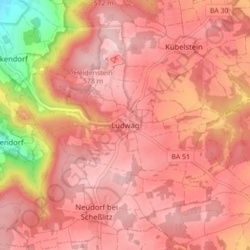 Mapa topográfico Ludwag, altitud, relieve