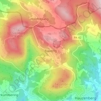 Mapa topográfico Bauzing, altitud, relieve