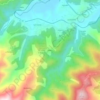 Mapa topográfico Cipieḷḷu, altitud, relieve