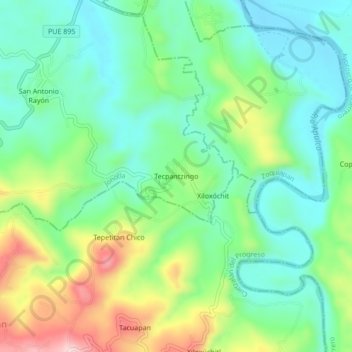 Mapa topográfico Tecpantzingo, altitud, relieve
