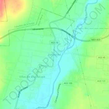 Mapa topográfico Valladolid, altitud, relieve