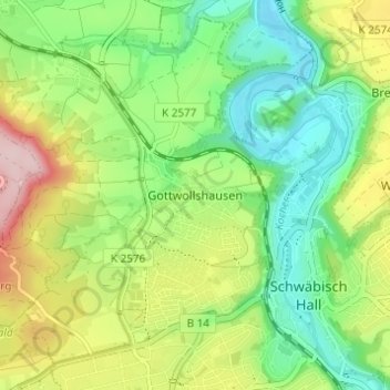 Mapa topográfico Gottwollshausen, altitud, relieve