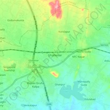 Mapa topográfico Ghatkesar, altitud, relieve