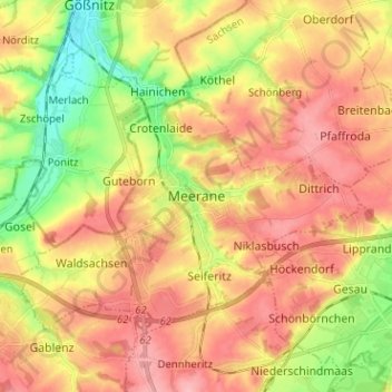 Mapa topográfico Meerane, altitud, relieve